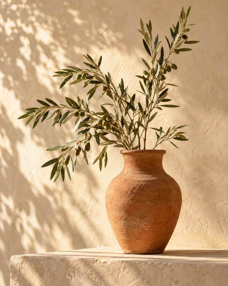 Sunlight falling across olive branches and a terracotta vase